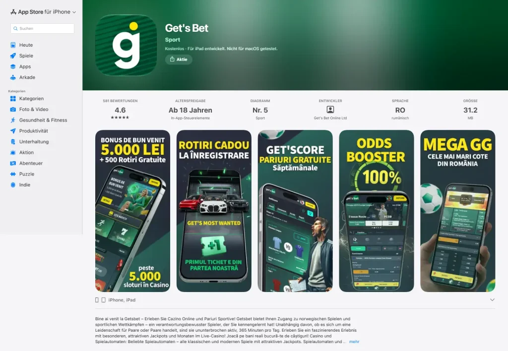 Eintrag der iPhone-Anwendung Get’s Bet im App Store mit Name und Entwickler