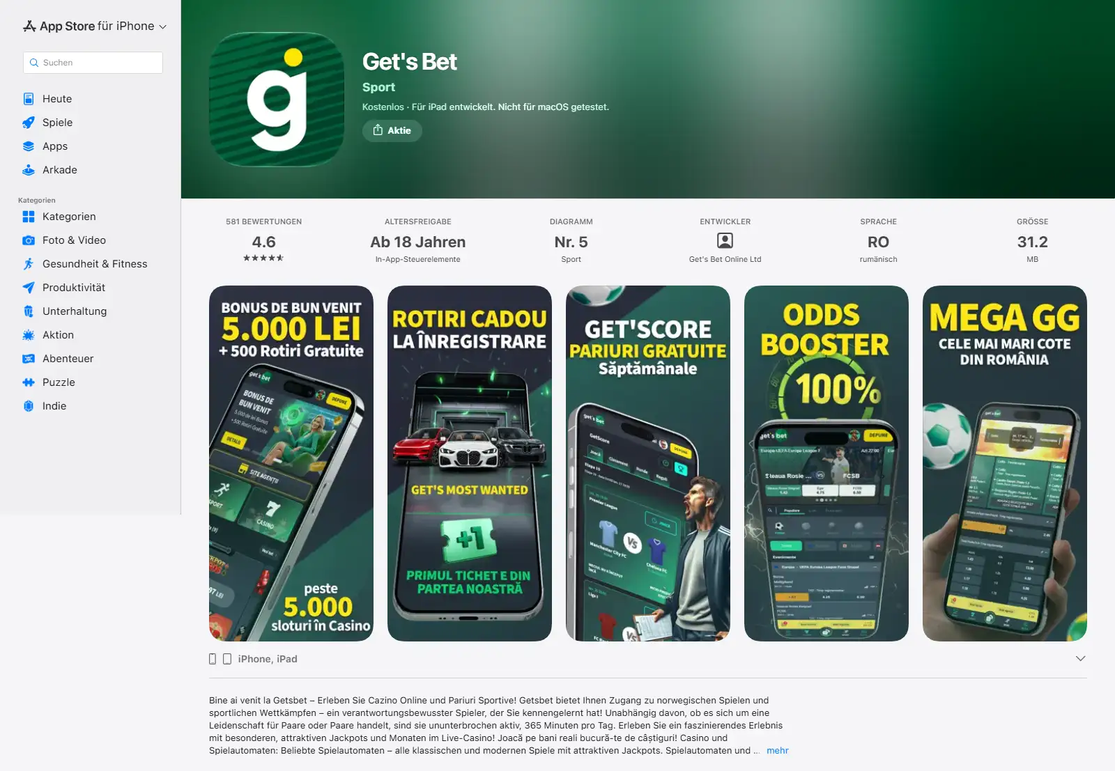 Eintrag der iPhone-Anwendung Get’s Bet im App Store mit Name und Entwickler