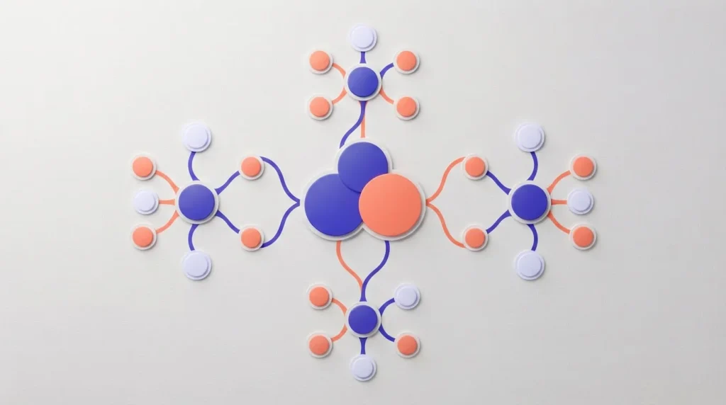 Schematisches Netzwerk aus Firmenknoten und miteinander verbundenen Internetadressen