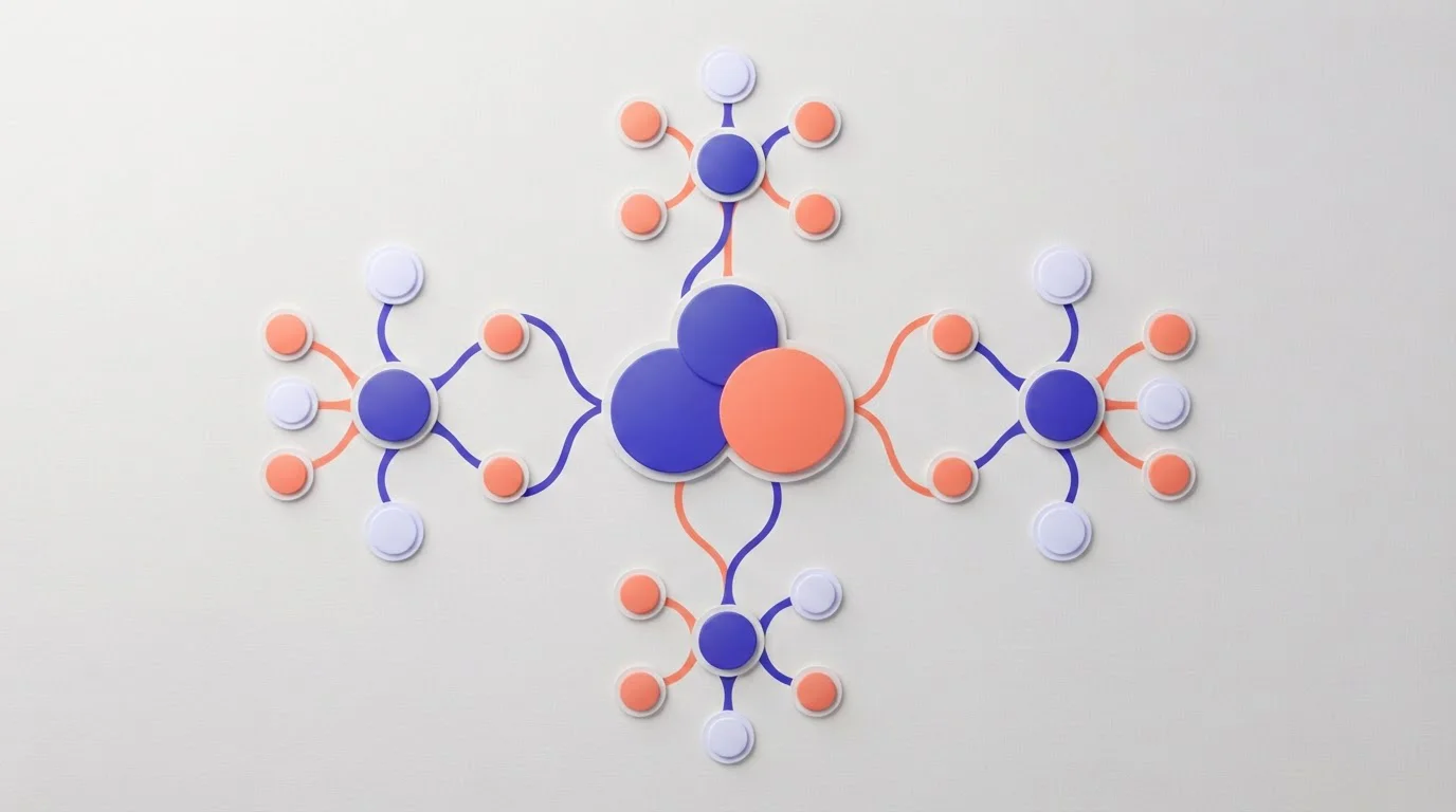 Schematisches Netzwerk aus Firmenknoten und miteinander verbundenen Internetadressen