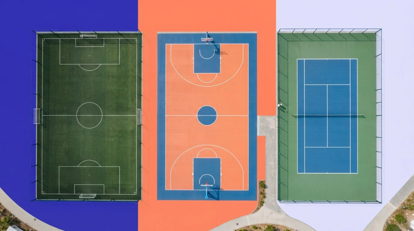 Fußballplatz, Tennisfeld und Basketballfeld aus der Vogelperspektive